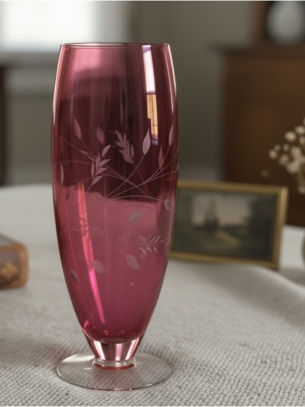 Vintage Cranberry Glass Vase | Etched Floral | Hand Blown 1960s Decor